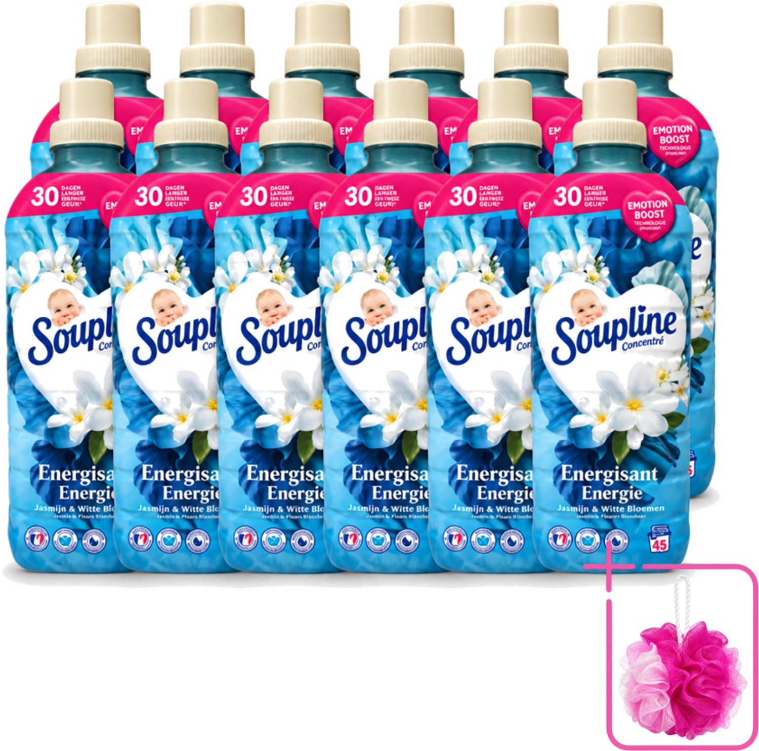 12 x Soupline – Wasverzachter – Energie Jasmijn & Witte Bloemen – 950 ml - Bulkverpakking - Wasverzachter - Douchemop - Jasmijn