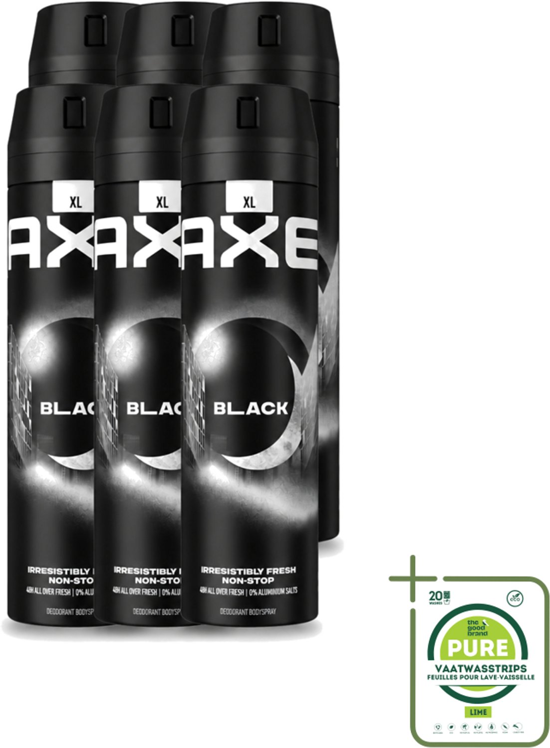 6 x Axe XL - Deodorant Bodyspray - 48hrs Fresh - Black - Frozen Pear & Cedarwood - 200 ml - Grootverpakking - Vaatwasstrips - Deodorant - Lichaamsgeur - Frisheid - Bevroren Peer - Cederhout