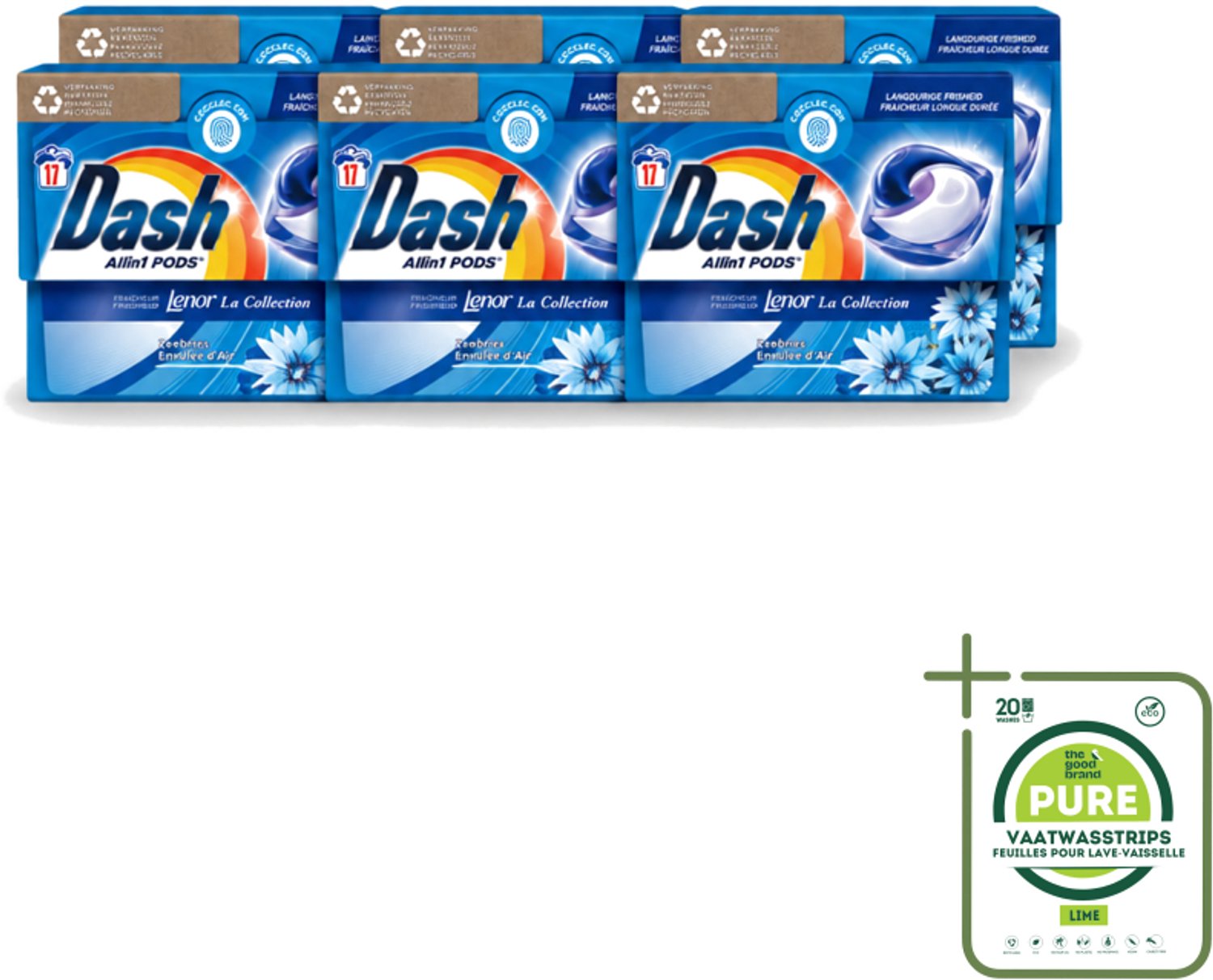 6 x Dash - Lenor Collectie - Wasmiddel Capsules - All-in-1 Pods - Witte en Gekleurde Was - Zeebries - 17 Wasbeurten - Grootverpakking - Vaatwasstrips - Wasmiddel Capsules - Zeebries Geur - Wasmachine Pod - Frisheid Was - Witte Was