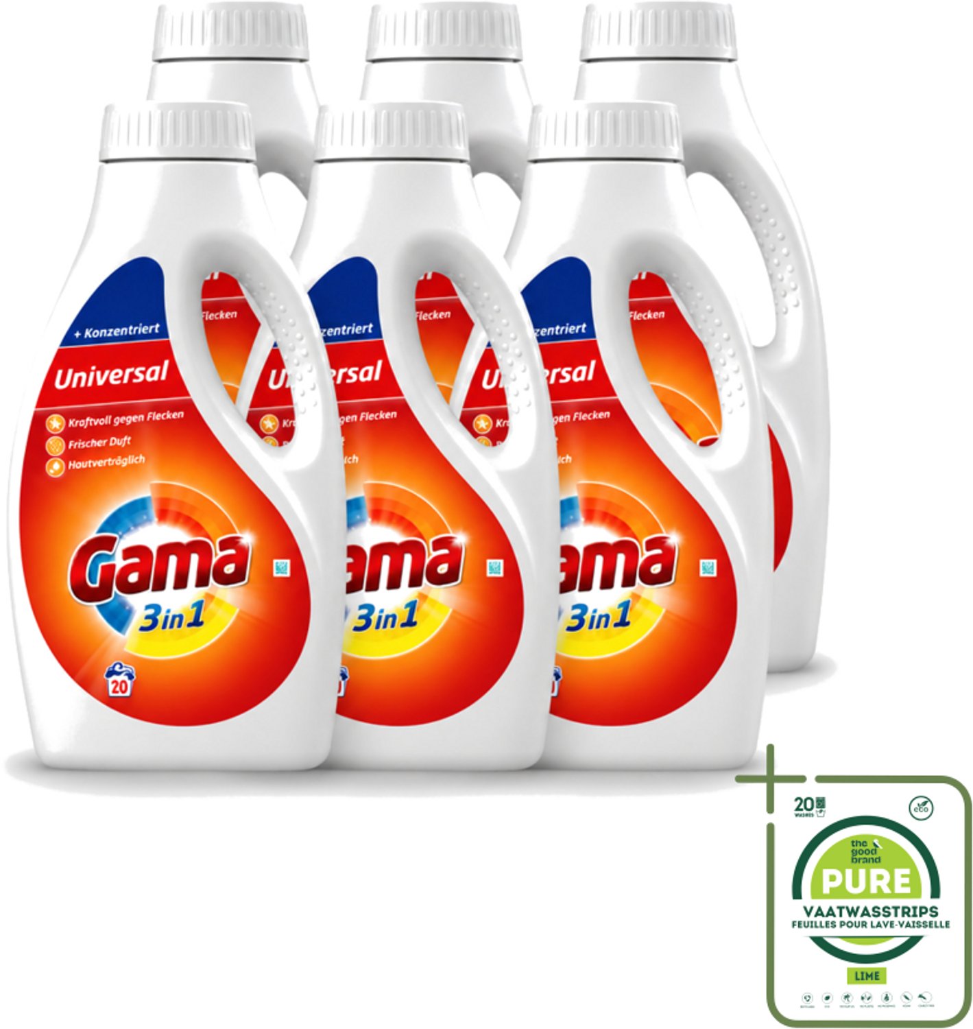 6 x Gama - Wasmiddel - 3 In 1 - Huidvriendelijk - 20 Wasbeurten - Grootverpakking - Vaatwasstrips - Wasmiddel - 3 In 1 - Huidvriendelijk - Wasbeurt - Frisheid