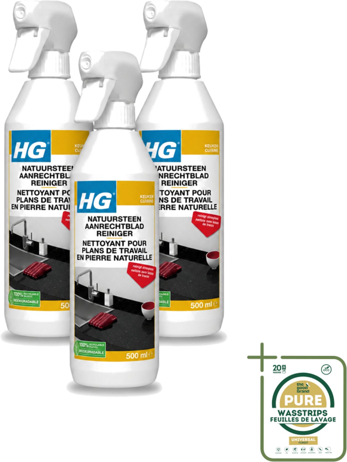 3 x HG - Natuursteen Aanrechtblad Reiniger - Reinigt Streeploos - 500 ml - Natuursteen Aanrechtblad Reinigen - Natuursteen Reinigen - Graniet Reinigen - Marmer Reinigen - Hardsteen Reinigen