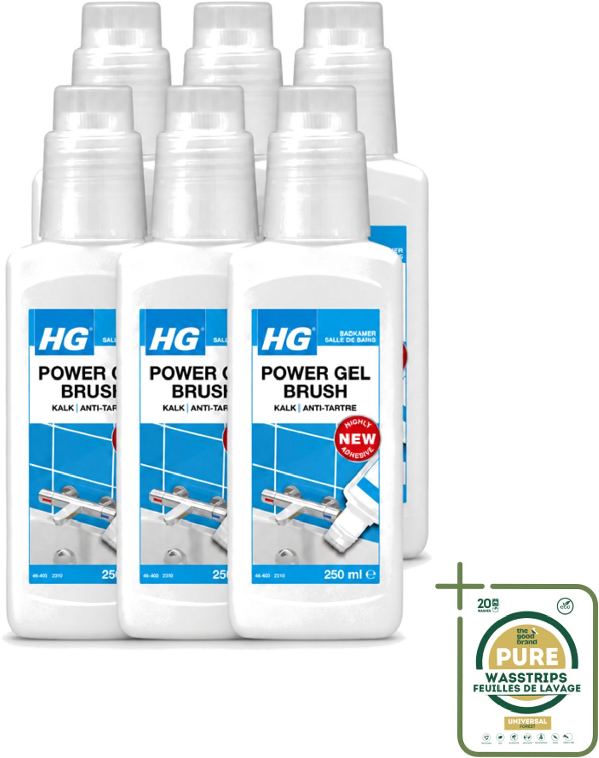 6 x HG - Badkamer - Power Gel Brush - Kalk - Agressief - 250 ml - Wasstrips - Kalk Verwijderen - Badkamer Schoonmaken - Kalk Oplossen - Douchewand Reinigen - Kraan Reinigen