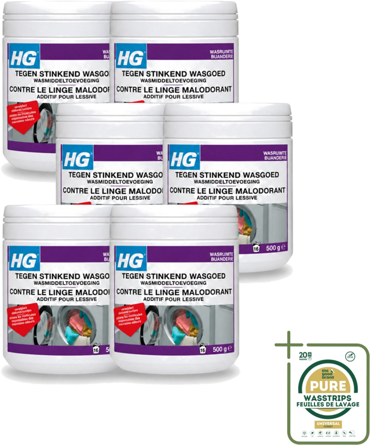 6 x HG - Wasruimte - Tegen Stinkend Wasgoed - Wasmiddeltoevoeging - 500 g - Wasstrips - Wasmiddel Tegen Stank - Stinkend Wasgoed - Wasmiddel Toevoeging - Stankmoleculen Verwijderen - Fris Wasgoed