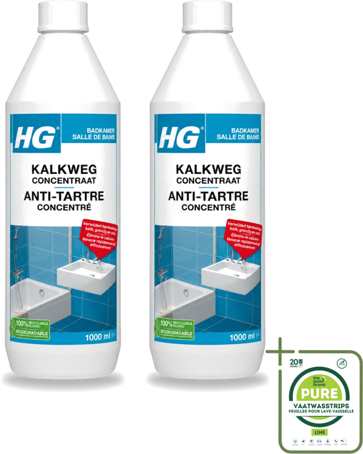 2 x HG - Badkamer - Kalkweg Concentraat - Verwijdert Hardnekkige Kalk - 1L - Grootverpakking - Vaatwasstrips - Kalk Weg - Kalk Verwijderen - Roestvlekken Verwijderen - Kalksteen Verwijderen - Badkamer Reinigen