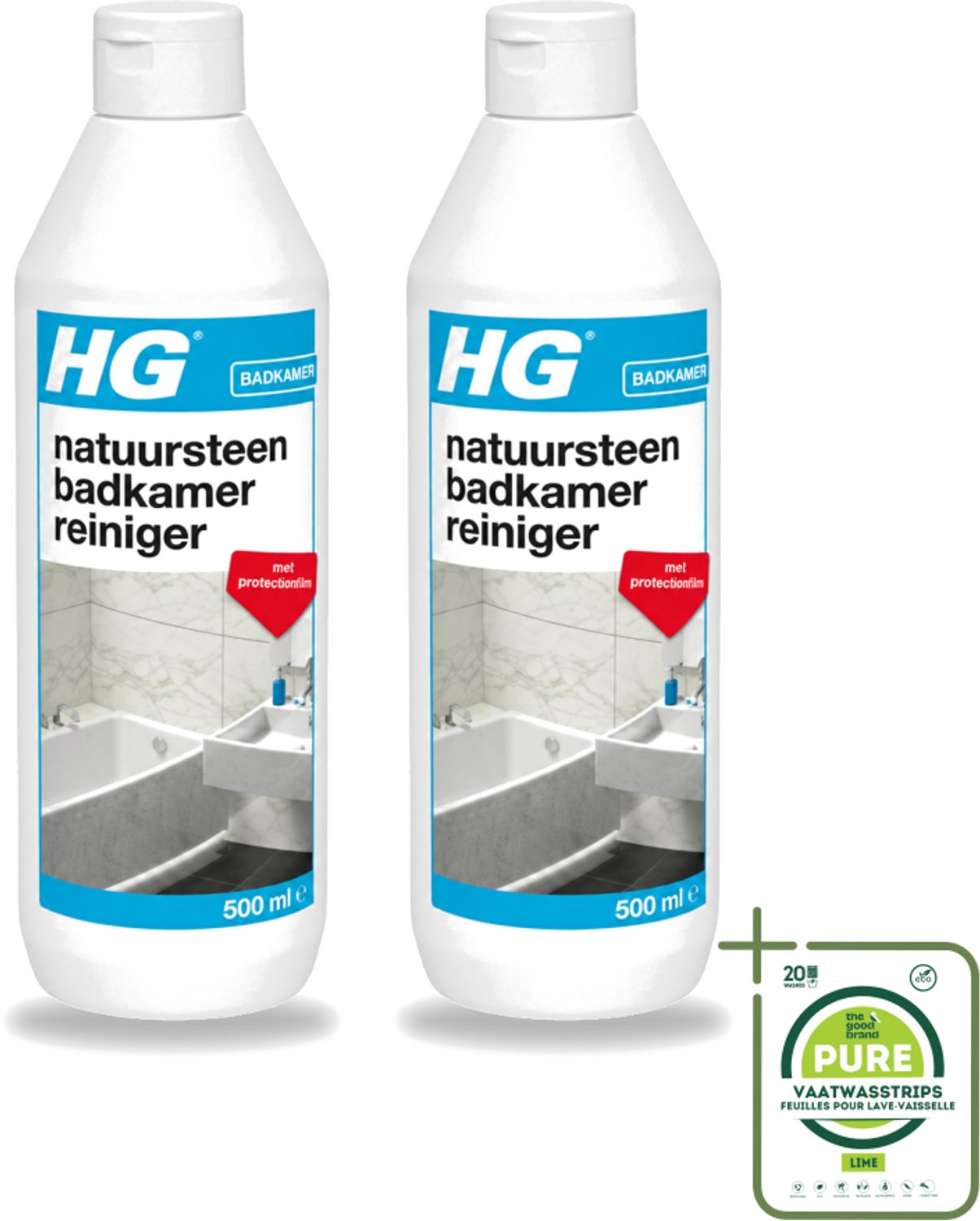 2 x HG - Natuursteen Badkamerreiniger - Beschermt & Reinigt - 500 ml - Grootverpakking - Vaatwasstrips - Badkamerreiniger - Natuursteen Reinigen - Marmer Reinigen - Kalkaanslag Verwijderen - Badkamer Reinigen