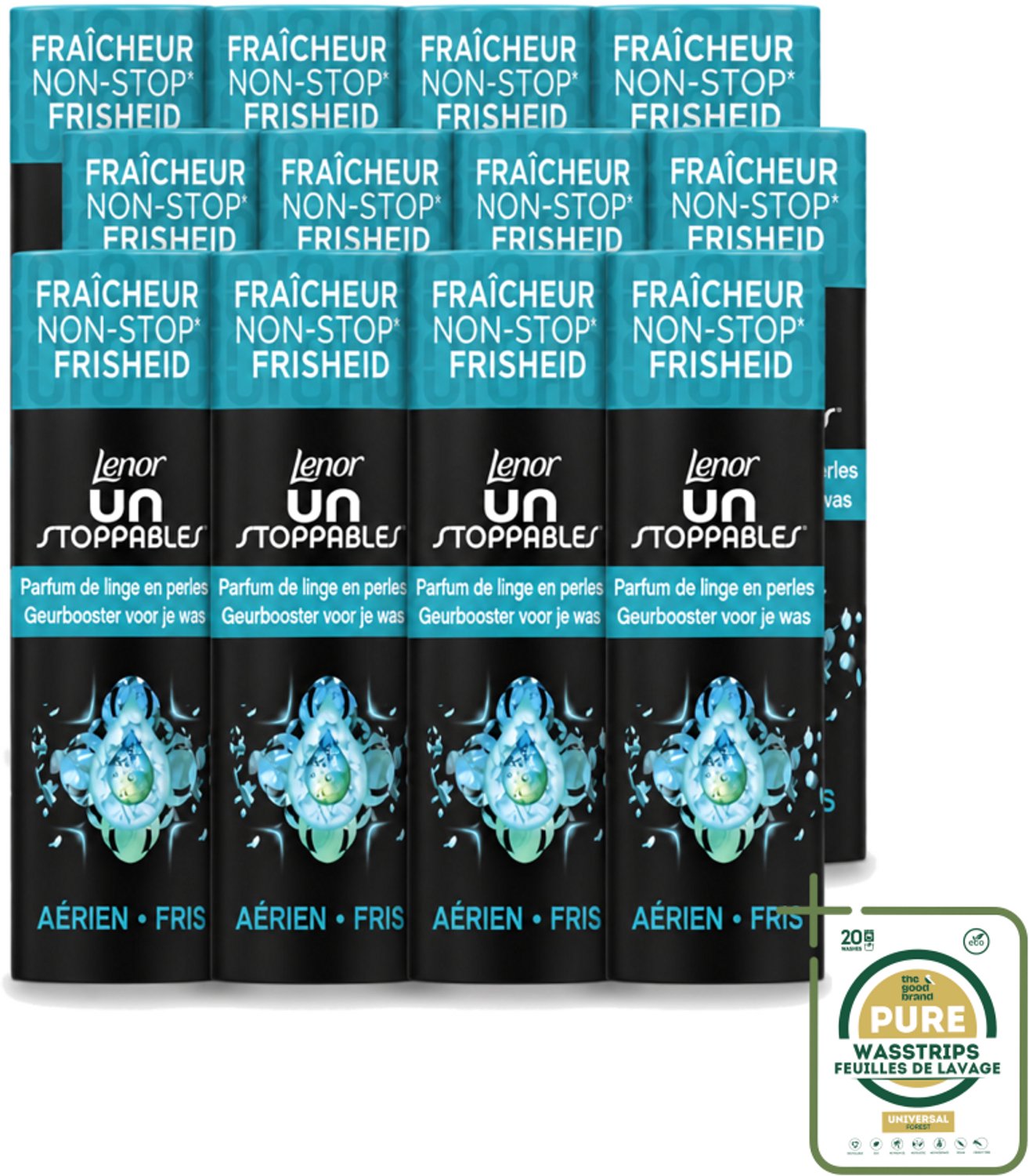 12 x Lenor Unstoppables - Geurbooster - Fris - 13 Wasbeurten - Wasstrips - Geurbooster - Frisheid - Citrusgeur - Fruitige Geur - Bloemige Geur