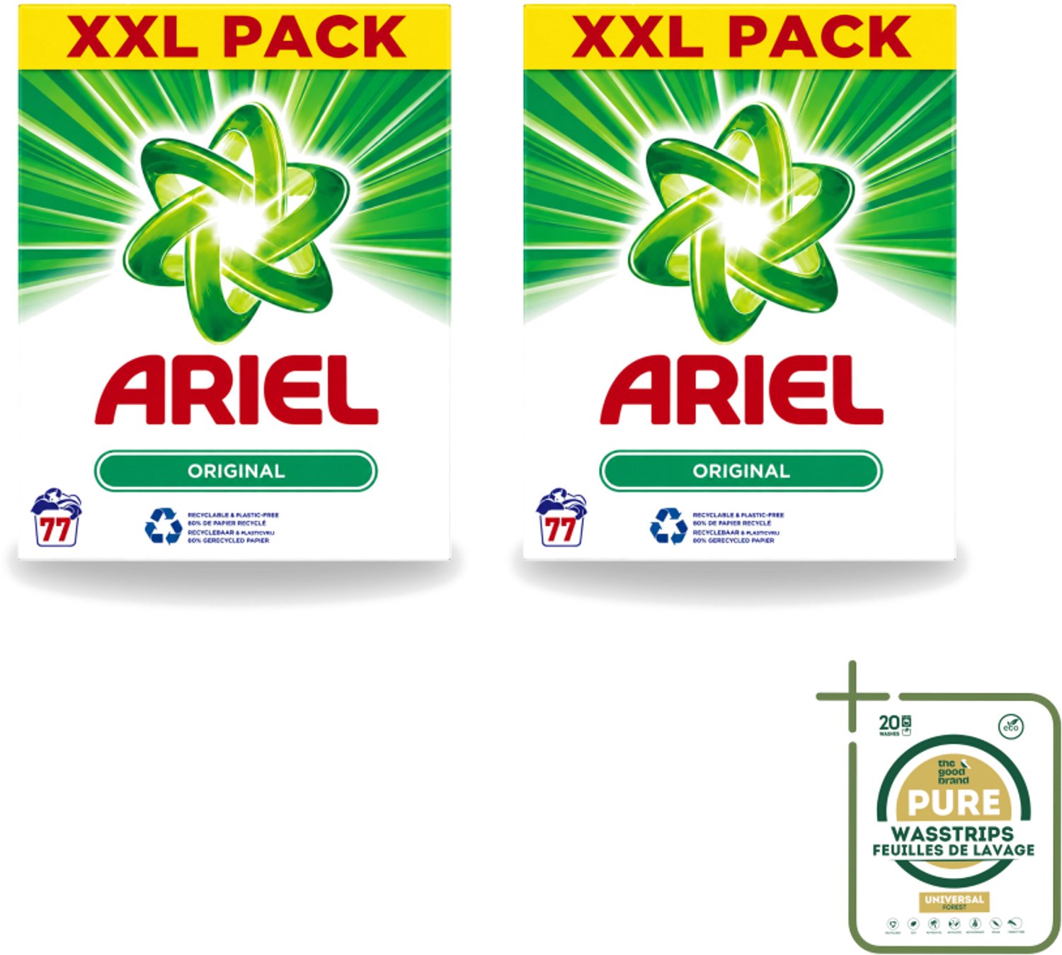 2 x Ariel Original XXL - Waspoeder - Witte en Lichtgekleurde Was - 77 Wasbeurten - Wasstrips - Waspoeder - Wasmiddel - Vlekverwijdering - Witte Kleding - Lichtgekleurde Kleding