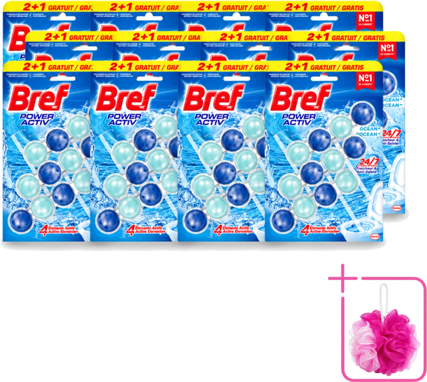 12 x Bref – Toiletblok – Power Aktiv Ocean – Multipack - Bulkverpakking - Toiletblok multipack - Douchemop - Anti-kalk toiletblok