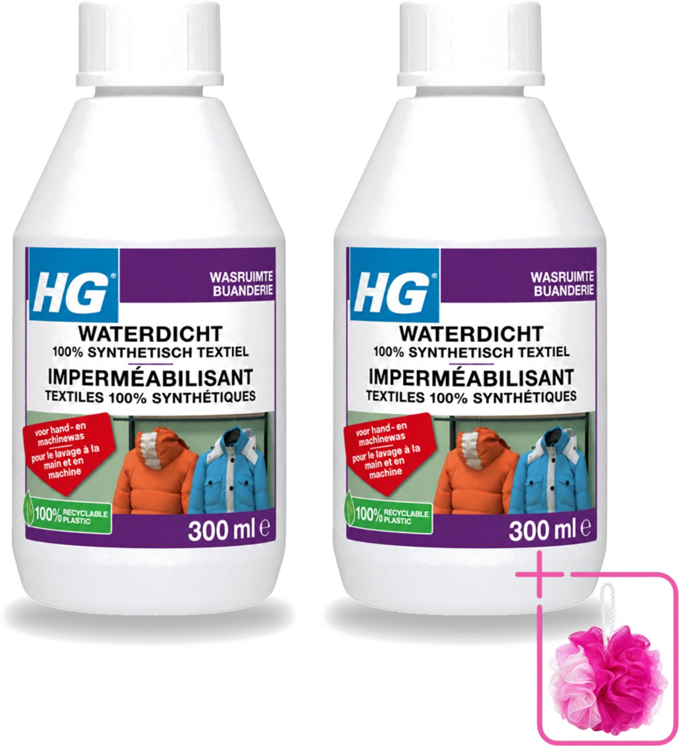 2 x HG - Wasruimte - Waterdicht 100% Synthetisch Textiel - Voor Hand & Machine Was - 300 ml - Bulkverpakking - Waterdicht textiel - Douchemop - Vuilafstotend textiel