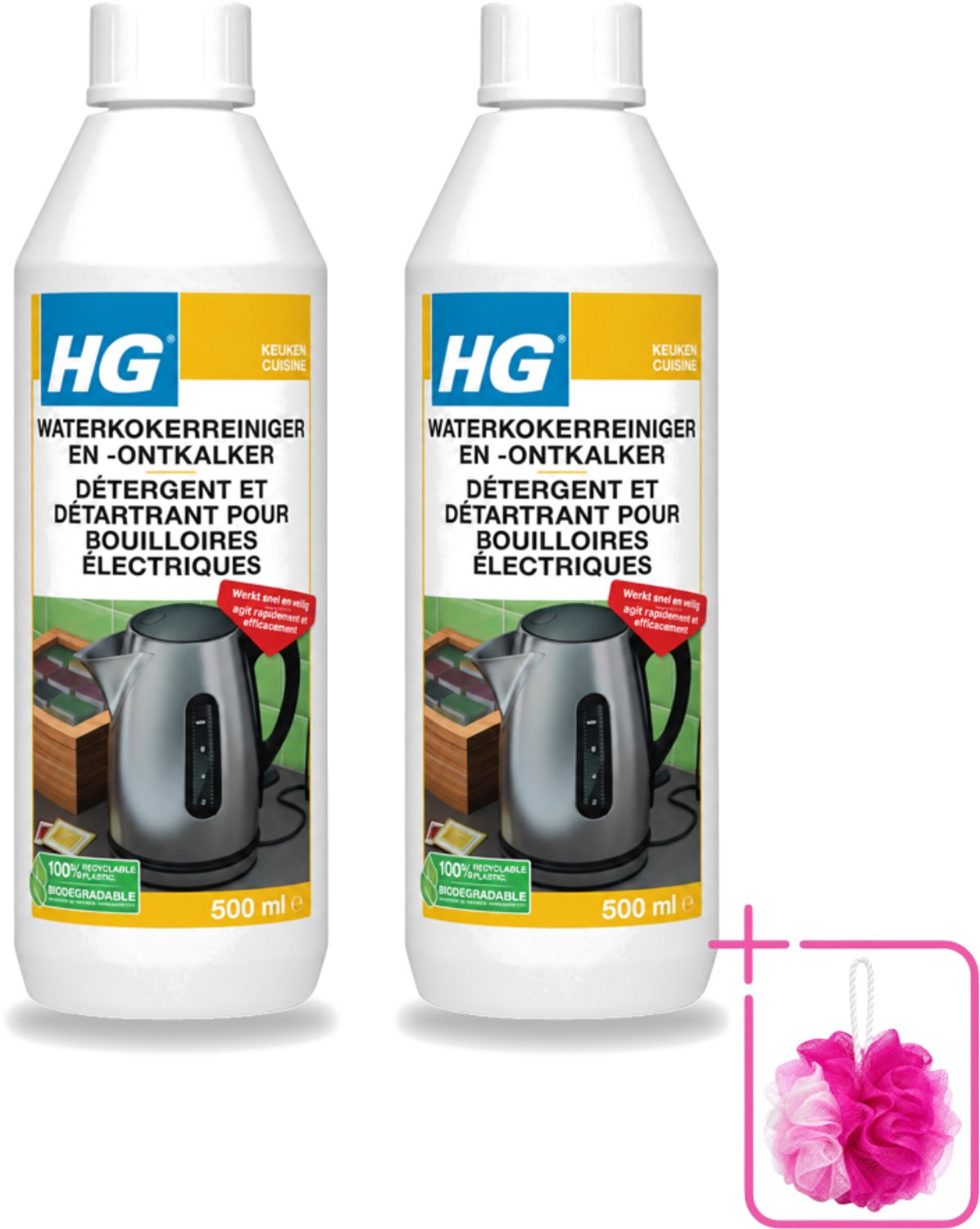 2 x HG - Waterkokerreiniger & Ontkalker - Snel & Veilig Resultaat - 500 ml - Bulkverpakking - Waterkoker reinigen - Douchemop - Waterkoker ontkalken