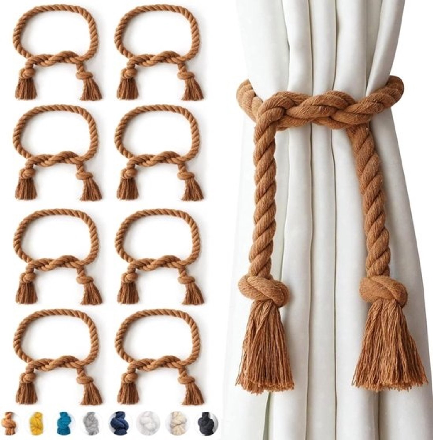 Gordijnbinders Katoen - Gordijntouw Houders - Binnen en Buiten - Handgemaakt Rustiek Design - 80 cm Lengte - Koffiebruin