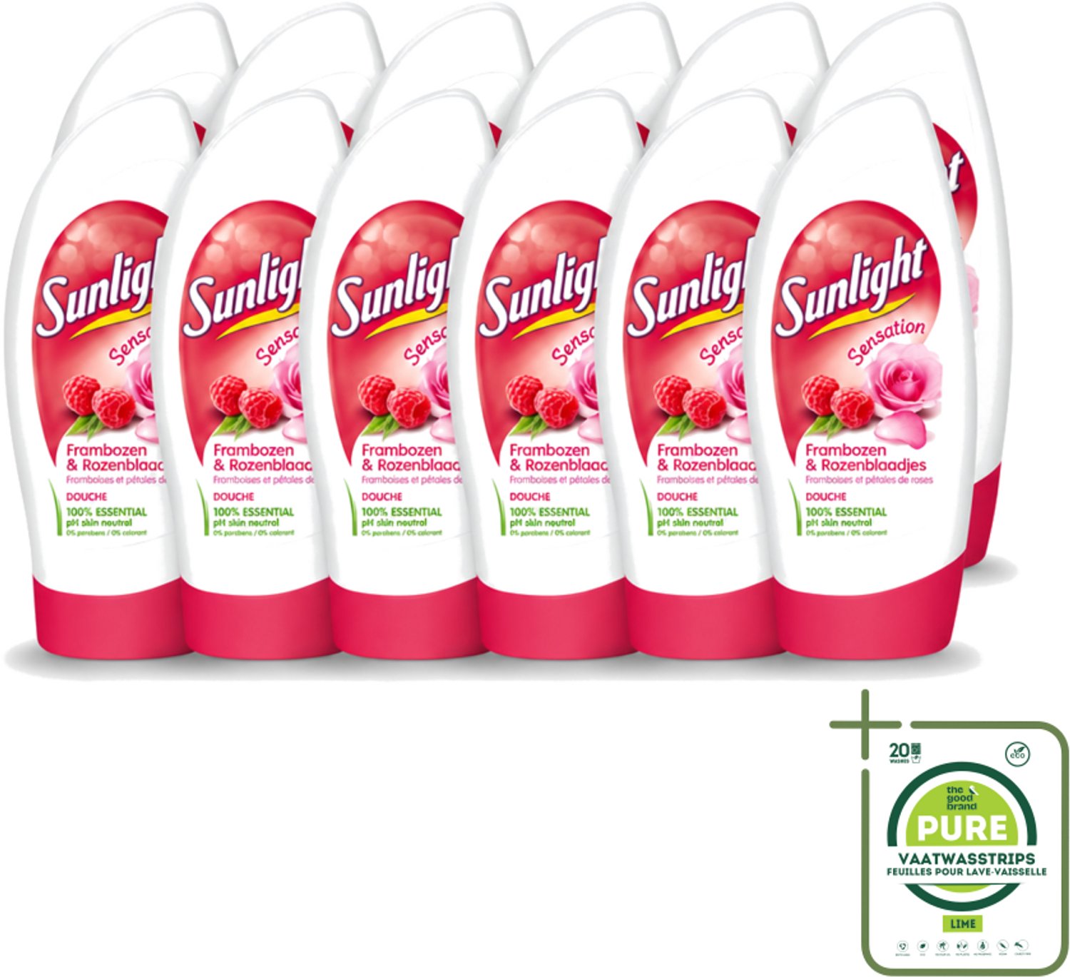 12 x Sunlight - Douchegel - PH Neutraal - Rozen En Frambozen - 250 ml - Grootverpakking - Vaatwasstrips - Douchegel - Zachte Reiniging - PH Neutraal - Roze Geur - Frambozen Geur