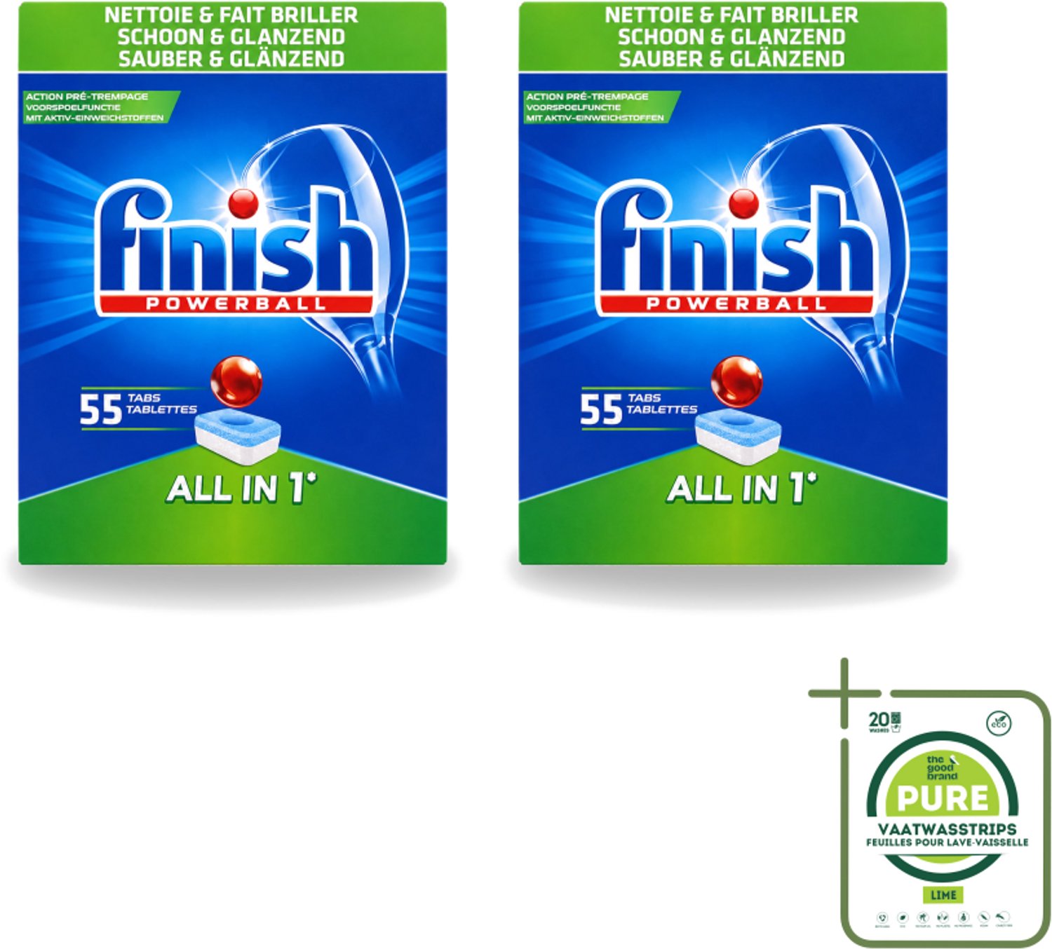 2 x Finish Powerball - All in 1 - Vaatwastabletten - Schoon & Glans - 55 Tabletten - Grootverpakking - Vaatwasstrips - Vaatwasmiddel - Vaatwastablet - Vaat Reinigen - Glans Behouden - Vaat Reinigen Zonder Voor Spoelen