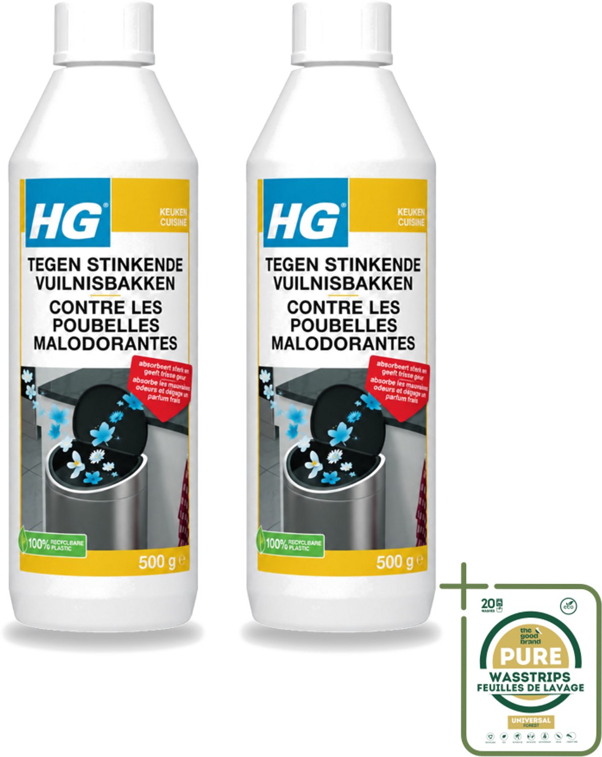 2 x HG - Tegen Stinkende Vuilnisbakken - Neutraliseert Geuren - 500 g - Stinkende Vuilnisbakken - Geurneutraliseren - Afvalgeuren - Vuilnisbak Geuren - Afvalcontainer Geuren