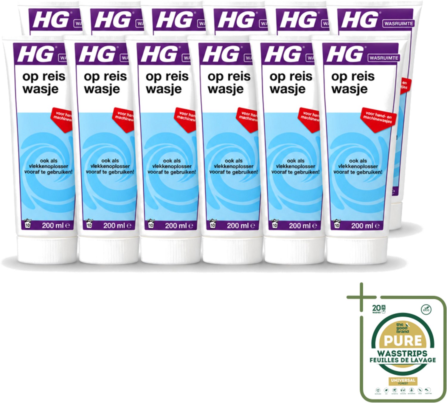 12 x HG - Wasruimte - Op-Reis-Wasje - Voor Hand & Machine Wasjes - 200 ml - Wasstrips - Op Reis Wasmiddel - Wasmiddel Voor Reizen - Wasmiddel Met Wasverzachter - Wasmiddel Voor Vlekken - Handwas