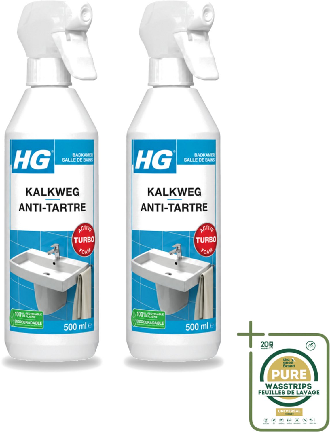 2 x HG - Badkamer - Kalkweg Schuimspray - Verwijdert Kalk Snel - 500 ml - Wasstrips - Kalk Verwijderen - Kalkaanslag Verwijderen - Schuimspray Badkamer - Kalk Weg - Badkamer Reinigen