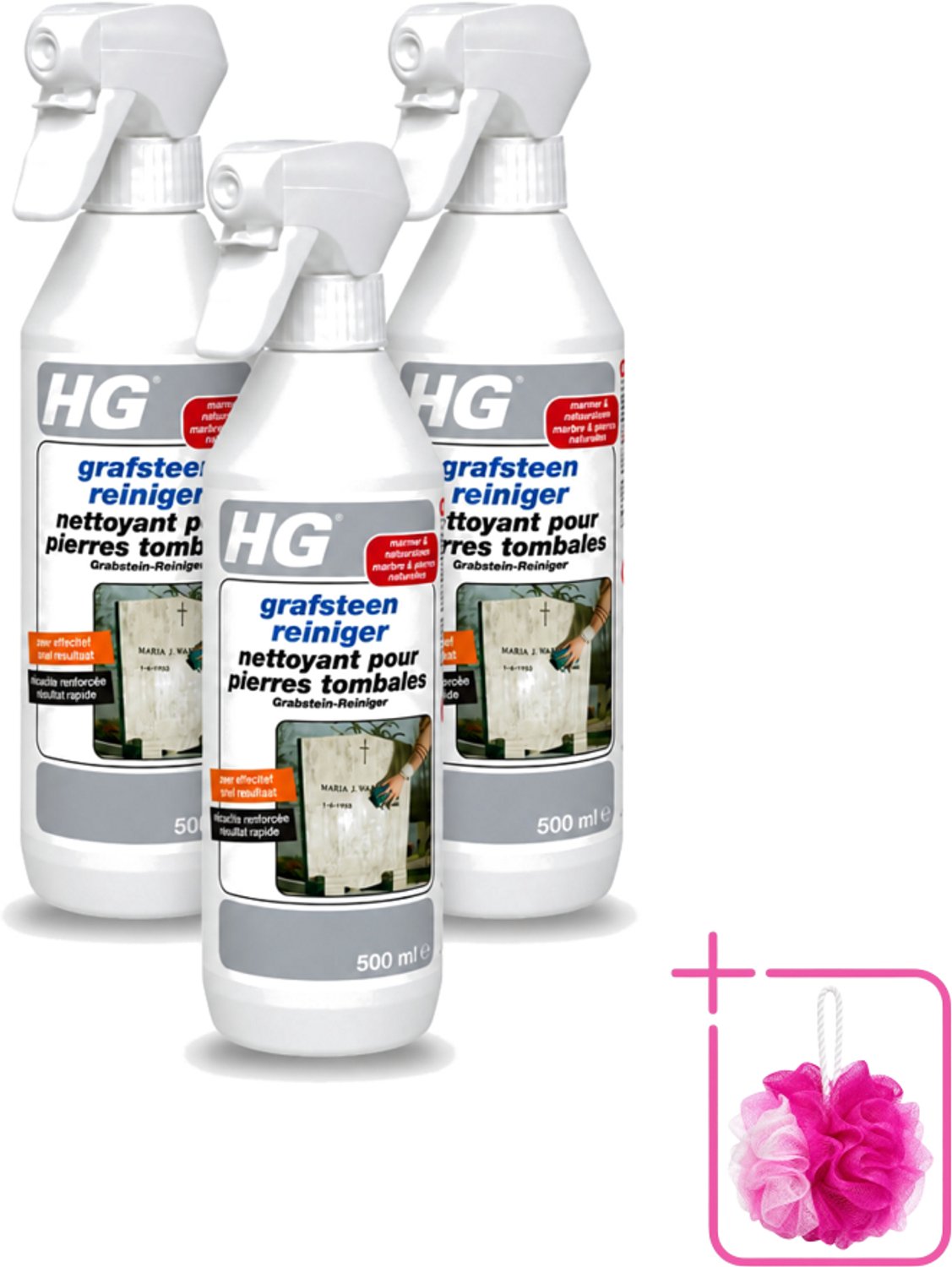 3 x HG - Grafsteenreiniger - Beschermt & Reinigt - 500 ml - Bulkverpakking - Grafsteen reinigen - Natuursteen reinigen