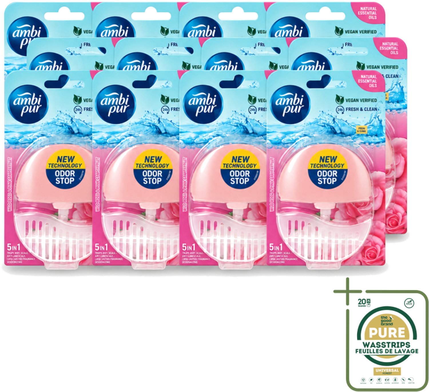 12 x Ambi Pur - Toiletblok - 5in1- Wilde Roos & Roze Grapefruit - 1 Blok - Wasstrips - Toilet - Toiletblok - Frisheid - Super Shine - Anti-kalk