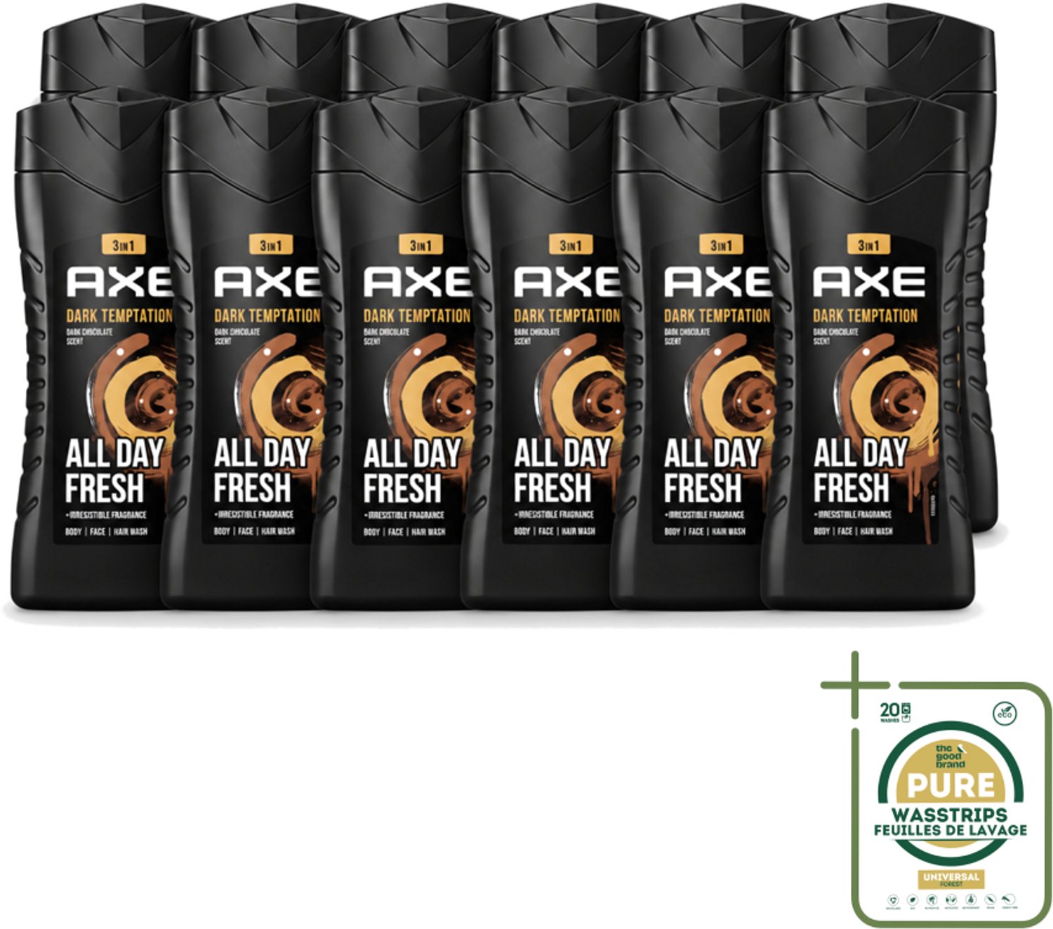 12 x Axe - 3-in-1 Douchegel - Dark Temptation - Dark Chocolate - 12hrs Long Lasting Scent - 250 ml - Wasstrips - Douchegel - Geur - Lichaam - Gezicht - Haar