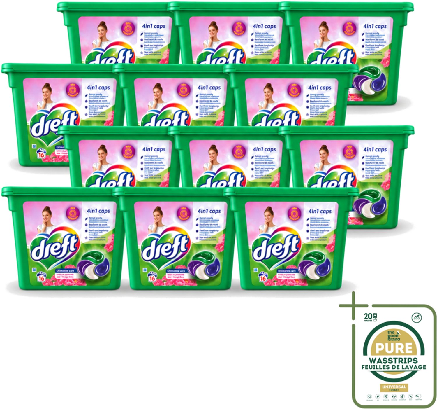 12 x Dreft - Wasmiddelcapsules 4in1 - Witte en Gekleurde Was - Vleugje Roze - 16 Wasbeurten - Wasstrips - Wasmiddelcapsules - Was - Kleurenbeschermer - Vlekkenverwijdering - Frisse Geur