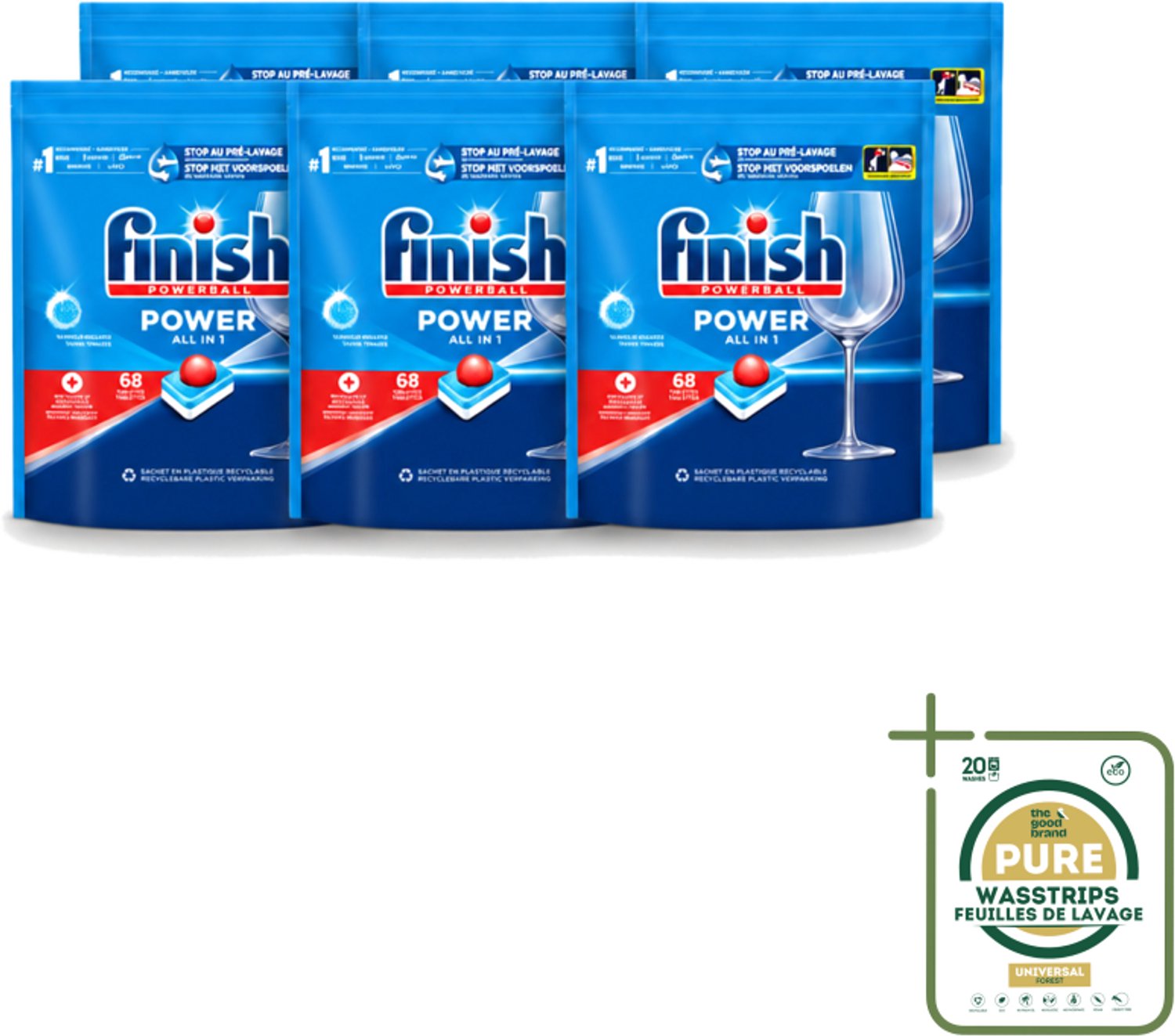 6 x Finish Powerball - Power All in 1 - Vaatwastabletten - Reiniging & Glans - 68 Tabletten - Wasstrips - Vaatwastabletten - Vaat Reinigen - Vlekverwijderaar - Vaatwasmiddel - Krachtige Vaatwasmiddel