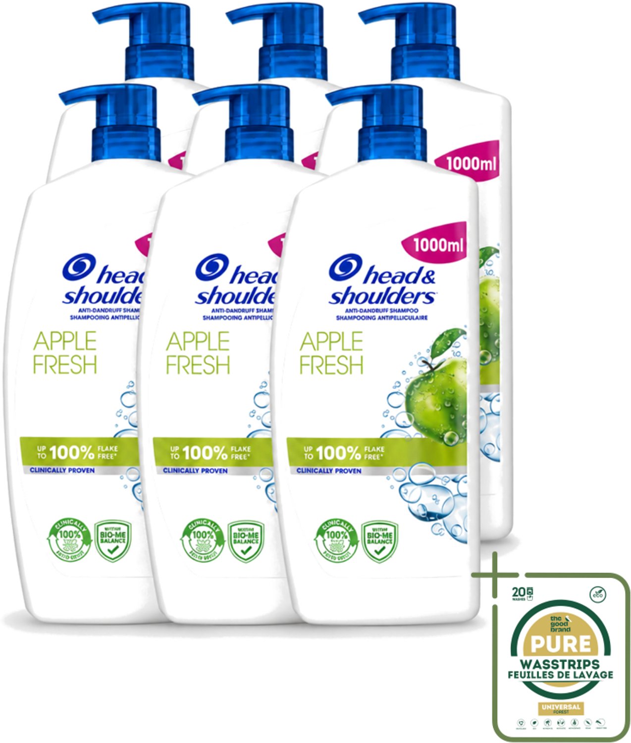6 x Head & Shoulders - Anti-Roos Shampoo - Apple Fresh - Pompflacon - 1000 ml - Wasstrips - Roosvrij Haar - Anti-roos Shampoo - Hoofdhuid Verzorging - Appelgeur Shampoo - Microbiome Balans