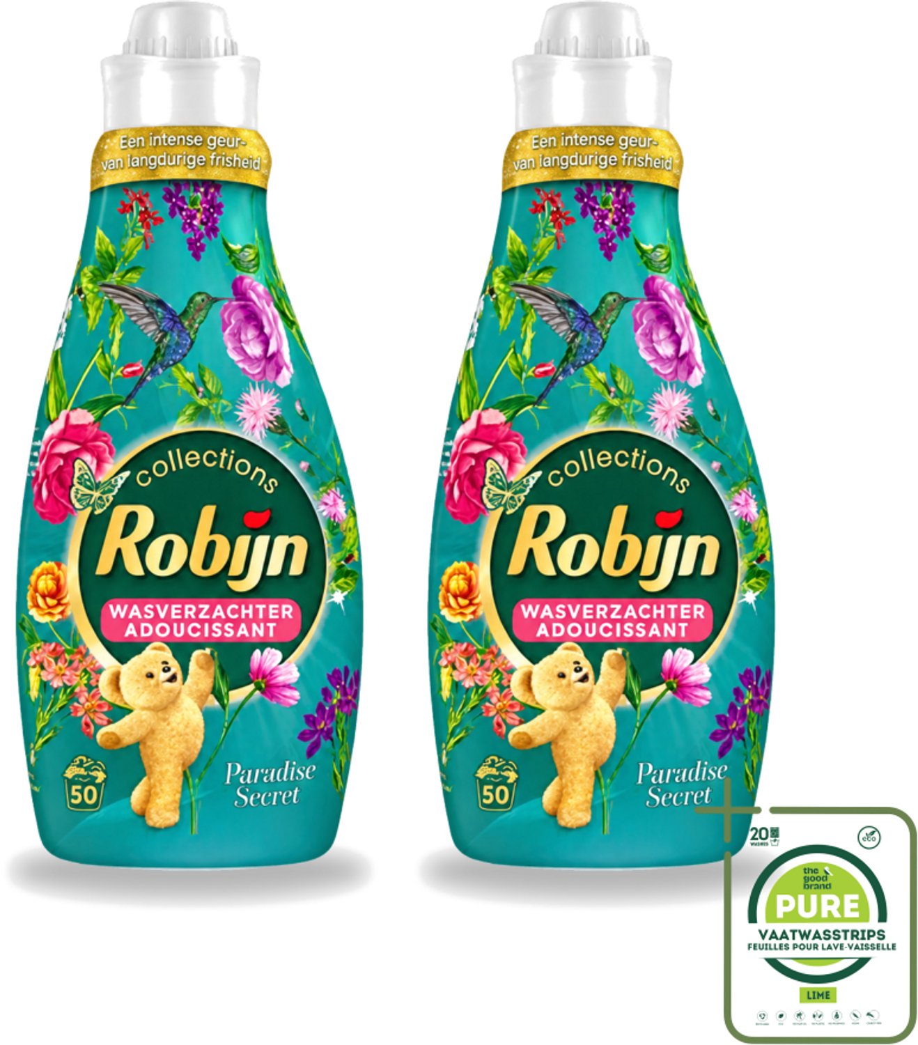 2 x Robijn Collections - Wasverzachter - Paradise Secret - 1,25L - 50 Wasbeurten - Grootverpakking - Vaatwasstrips - Wasverzachter - Luxe Wasverzachter - Parfum Wasverzachter - Zijdezachte Wasverzachter - Wasverzachter Voor Kleding