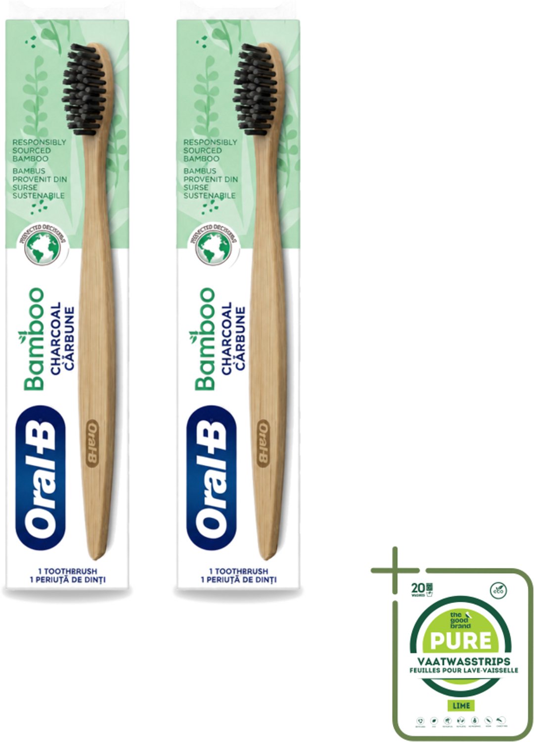2 x Oral-B - Tandenborstel - Bamboe - Houtskool - 1 Tandenborstel - Grootverpakking - Tandenborstel Houtskool - Houtskool Borstelharen - Duurzame Tandenborstel - Veganistische Tandenborstel - Milieuvriendelijke Tandenborstel