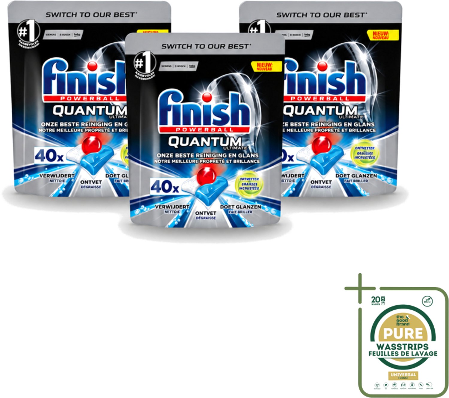 3 x Finish Powerball - Quantum Ultimate - Vaatwastabletten - Ontvetter - 40 Tabletten - Wasstrips - Vaatwasmiddel - Vaatwastablet - Ontvetter - Vaatwasser - Vetverwijdering