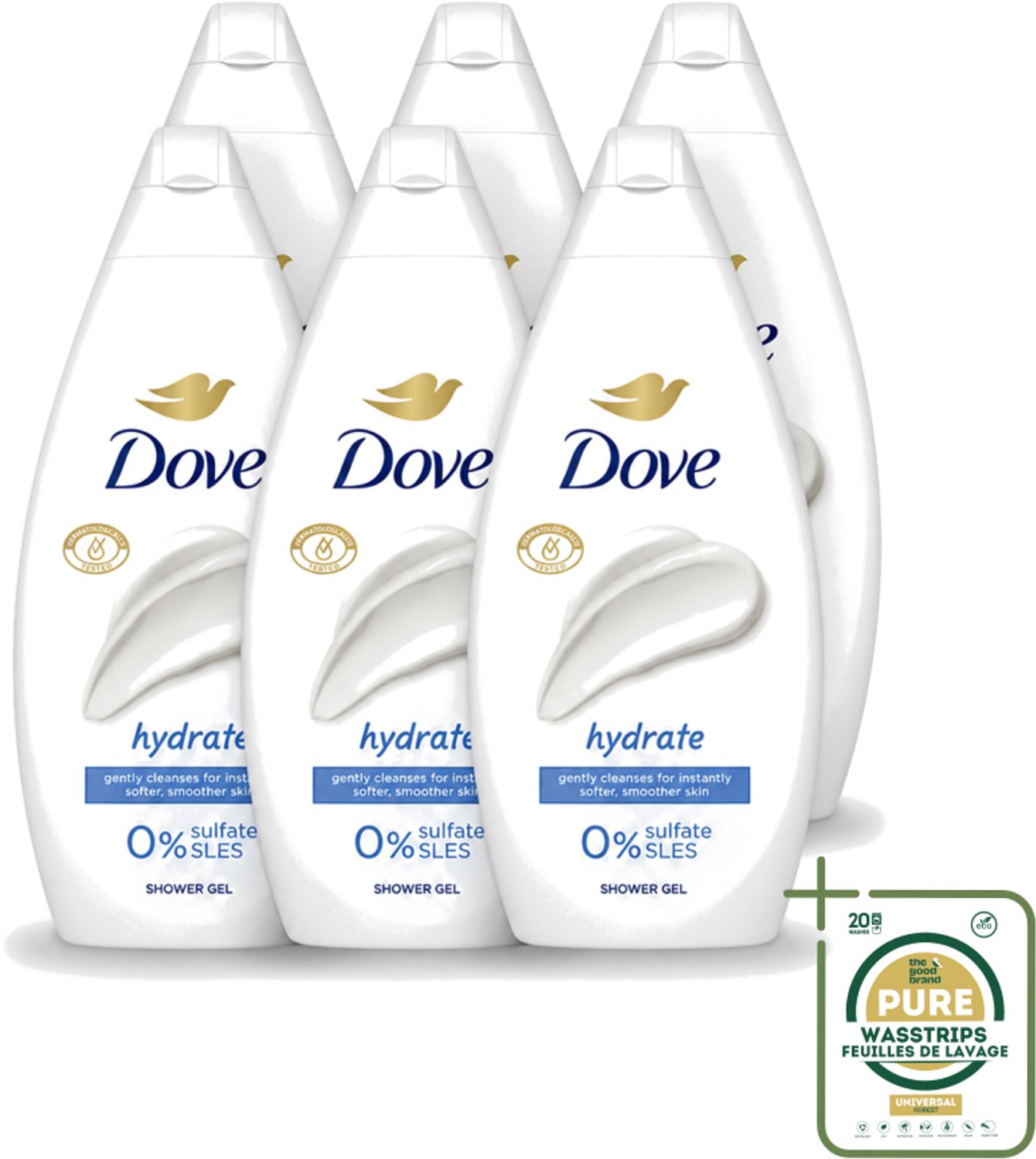 6 x Dove Hydrate - Douchegel - Sulfaatvrij - 250 ml - Wasstrips - Hydraterende Douchegel - Sulfaatvrije Douchegel - Zachte Huid - Huidverzorging - Huidhydratatie
