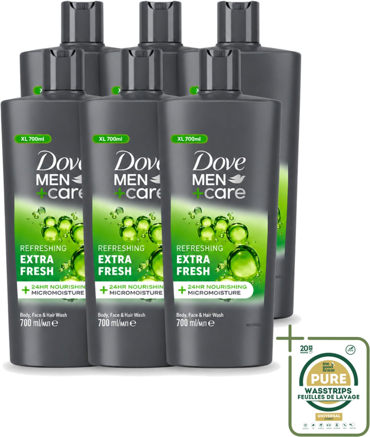 6 x Dove Men+Care - Extra Fresh - Douchegel 3-in-1 - Verzorgend - 700 ml - Wasstrips - Douchegel Voor Mannen - Verfrissende Douche - Hydraterende Douche - Gezichtsproduct Voor Mannen - Haarproduct Voor Mannen