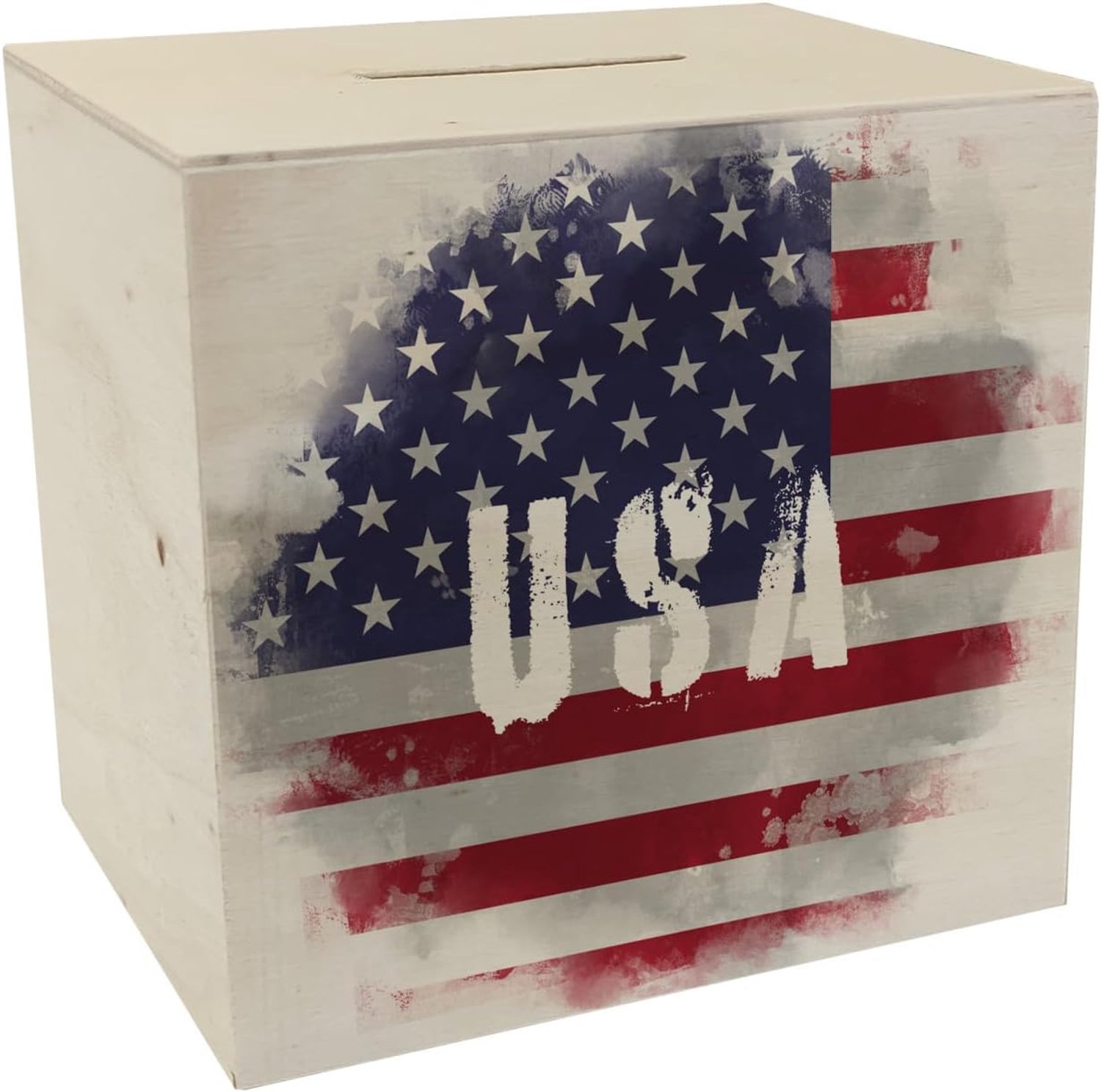 Spaarpot van hout - Amerikaanse vlag in gebruikte look - voor reizigers - start met sparen voor je volgende reis - ShopVlot