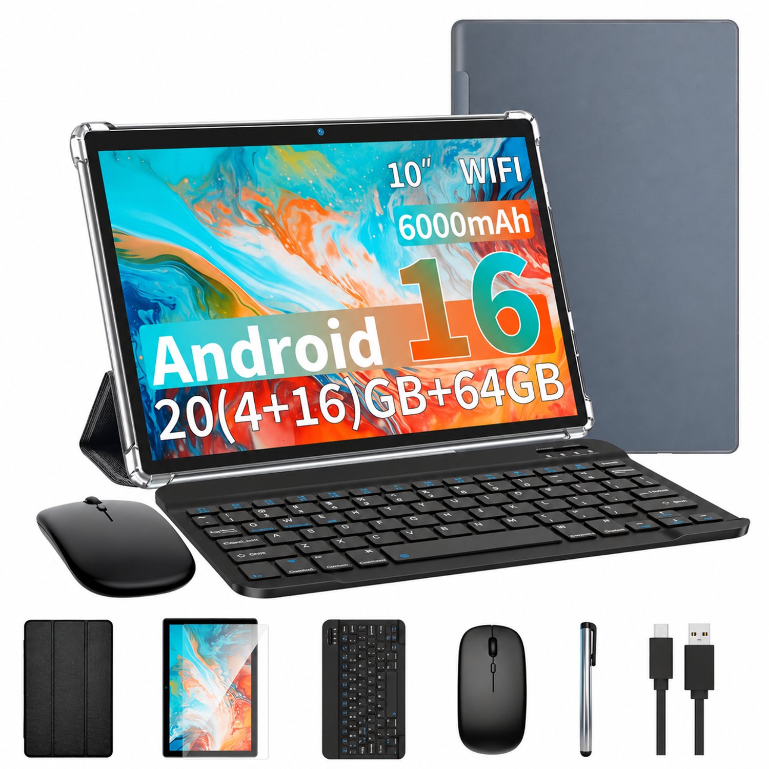 Tablet 10,1 Inch – Android 16 Tablet met 20GB RAM en 64GB Opslag – 6000mAh – WiFi – USB-C
