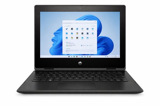 Zwarte HP ProBook x360 11 G7 laptop met toetsenbord en ingeschakeld scherm waarop Windows 11 draait.