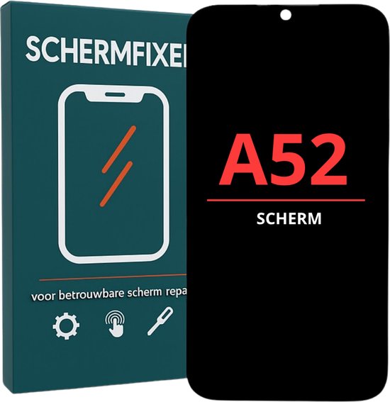 Zwart Samsung A52 scherm met wit logo, naast de verpakking met "SCHERMFIXEI" en "voor betrouwbare scherm reparatie".