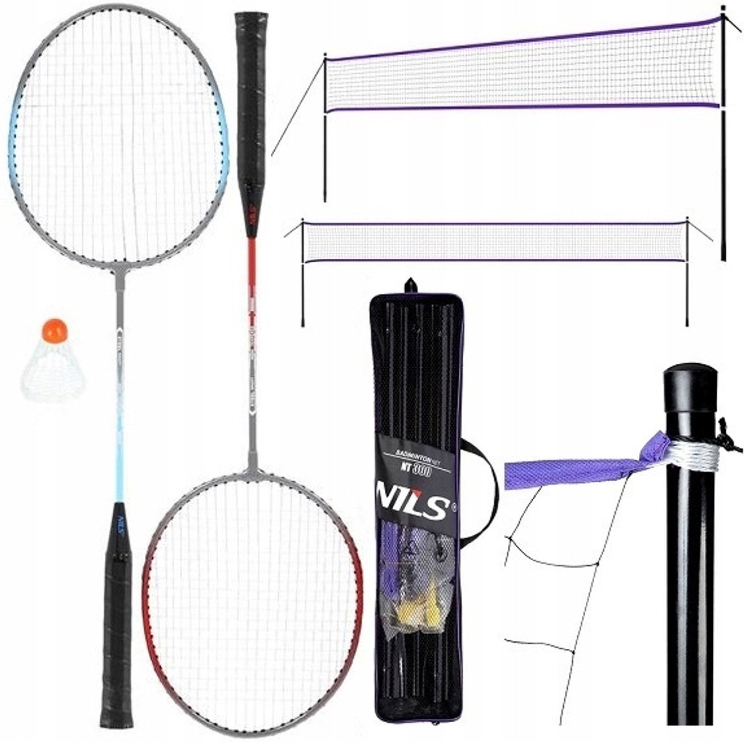 NILS Badminton Set: 2 Rackets, Shuttlecock, Net & Bag