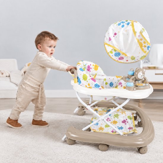 CreateEcom Loopwagen - baby walker - 3-in-1 loopstoeltje - opvouwbare loopstoeltje - met luifel - loopstoeltje vanaf 6 maanden - met 360 ° Wielen - voerbak en speelcentrum - Khaki — afbeelding 3