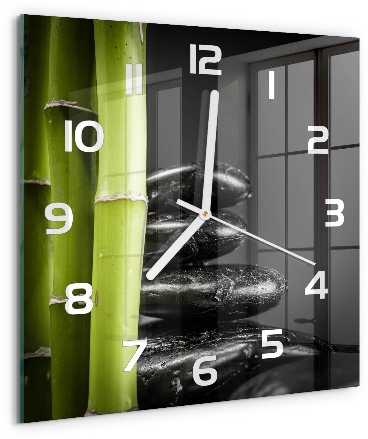 Tulup Wandklok - Bamboe Decoratieve Glazen Klok - 30x30 cm - Zwart Glazen Wandklok Design - Witte handen - Vierkante Klok - Glazen Klok Met Print - Wandklok Glas Met Motief