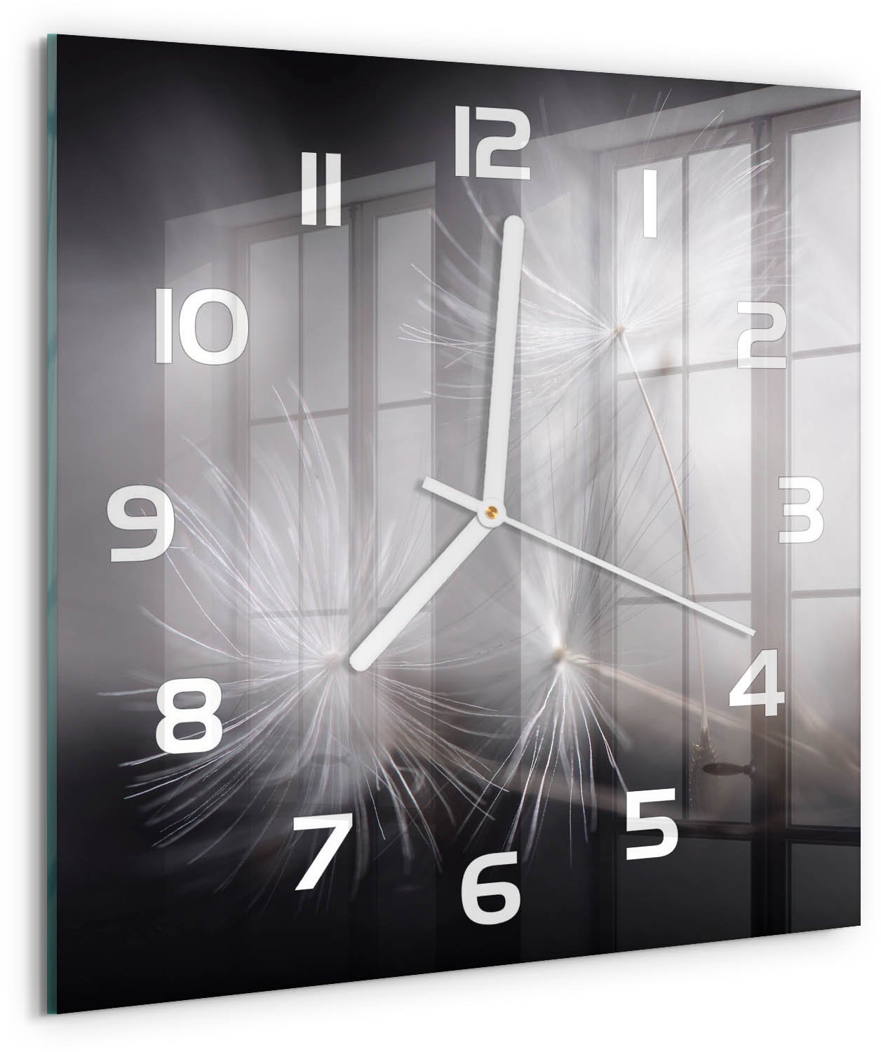 Tulup Wandklok - Paardenbloemzaden Klok Glas Met Opdruk - 30x30 cm - Zwart-wit Moderne Wandklok Glas - Witte handen - Vierkante Klok - Decoratieve Glazen Klok - Glazen Wandklok Design