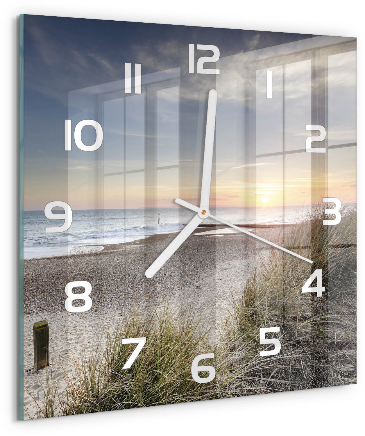 Tulup Wandklok - Zonsondergang en duinen Glazen Wandklok Design - 30x30 cm - Beige Klok Glas Met Opdruk - Witte handen - Vierkante Klok - Wandklok Glas Met Motief - Decoratieve Glazen Klok