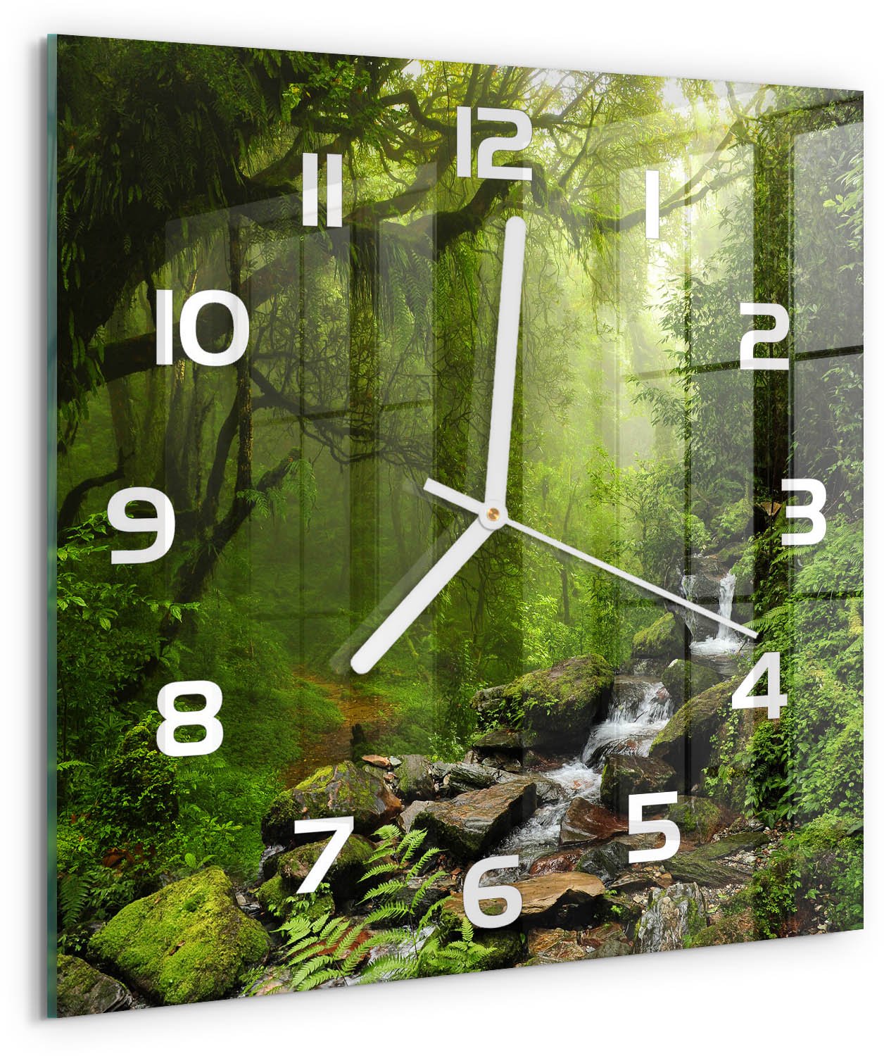 Tulup Wandklok - Oerwoud in Nepal Moderne Wandklok Glas - 30x30 cm - Groente Wandklok Glas Decoratie - Witte handen - Vierkante Klok - Glazen Wandklok Design - Klok Glas Met Opdruk