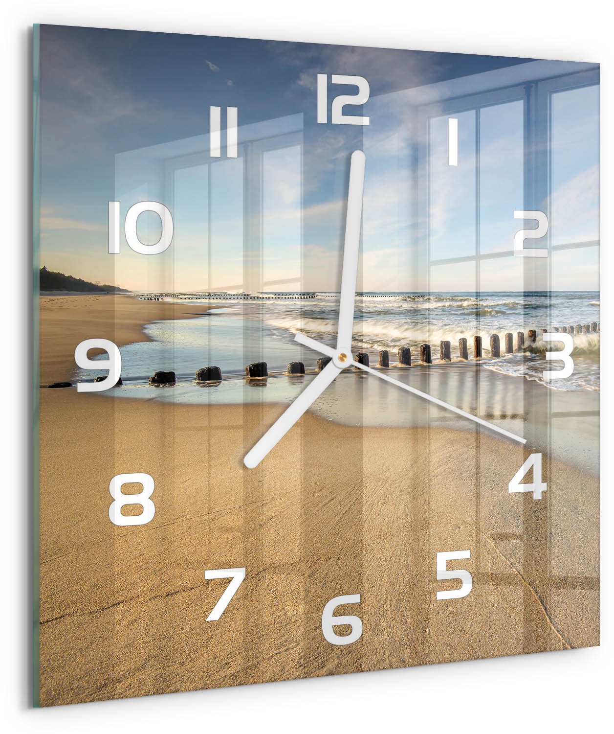 Tulup Wandklok - Strand aan de Oostzee Wandklok Glas Met Motief - 30x30 cm - Blauw Decoratieve Glazen Klok - Witte handen - Vierkante Klok - Gekleurde Glazen Klok - Glazen Klok Met Print