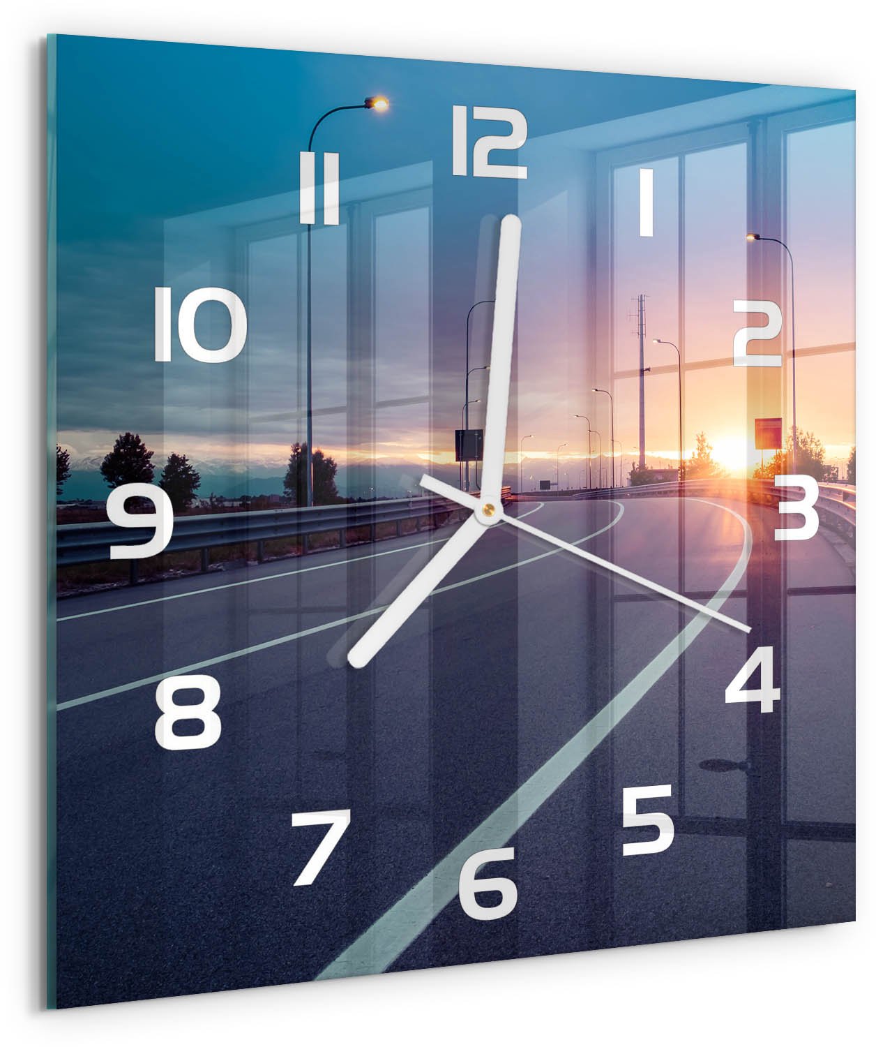 Tulup Wandklok - Snelweg Wandklok Glas Decoratie - 30x30 cm - Veelkleurig Gekleurde Glazen Klok - Witte handen - Vierkante Klok - Klok Glas Met Opdruk - Moderne Wandklok Glas