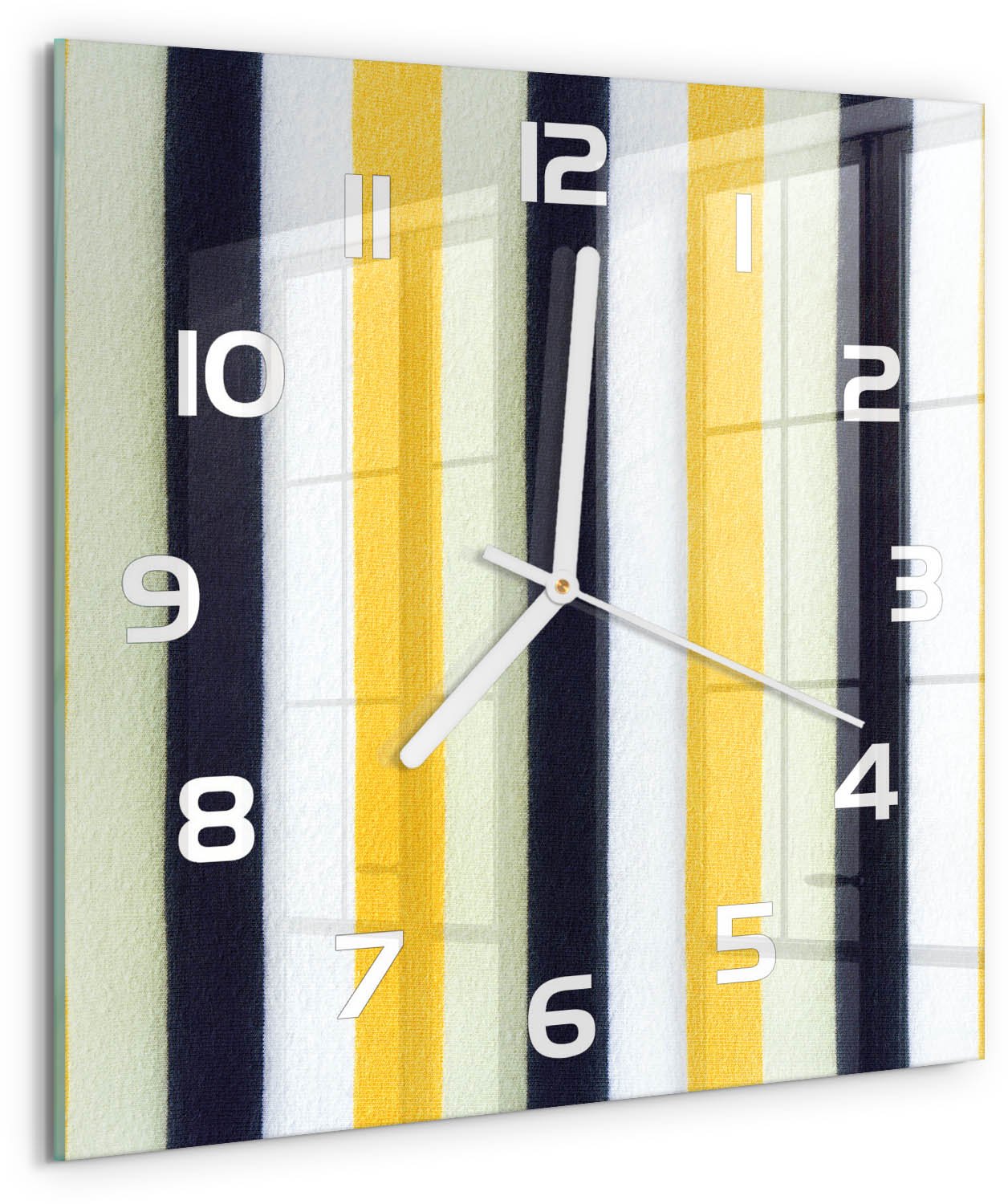 Tulup Wandklok - Gestreepte achtergrond Moderne Wandklok Glas - 30x30 cm - Geel Wandklok Glas Decoratie - Witte handen - Vierkante Klok - Glazen Wandklok Design - Klok Glas Met Opdruk