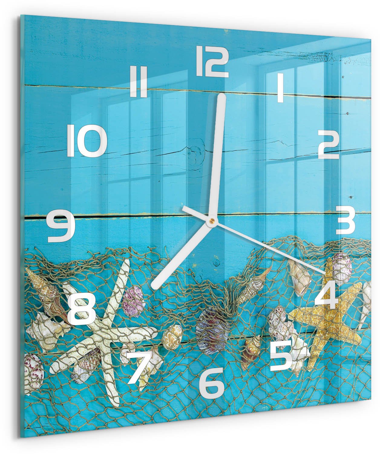 Tulup Wandklok - Zeesterren en schelpen Decoratieve Glazen Klok - 30x30 cm - Blauw Glazen Wandklok Design - Witte handen - Vierkante Klok - Glazen Klok Met Print - Wandklok Glas Met Motief