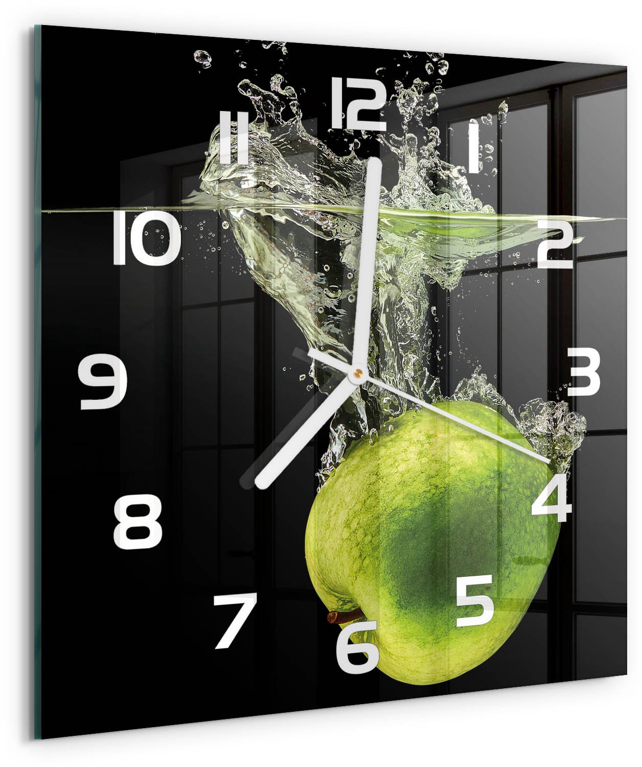 Tulup Wandklok - Groene appels Wandklok Glas Decoratie - 30x30 cm - Groente Gekleurde Glazen Klok - Witte handen - Vierkante Klok - Klok Glas Met Opdruk - Moderne Wandklok Glas