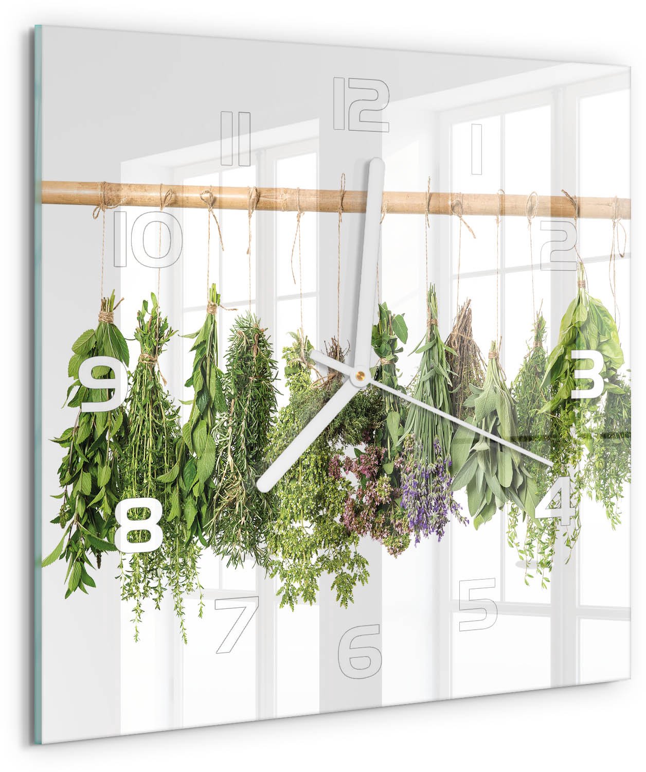 Tulup Wandklok - Kruiden aan een touwtje Wandklok Glas Decoratie - 30x30 cm - Groente Gekleurde Glazen Klok - Witte handen - Vierkante Klok - Klok Glas Met Opdruk - Moderne Wandklok Glas