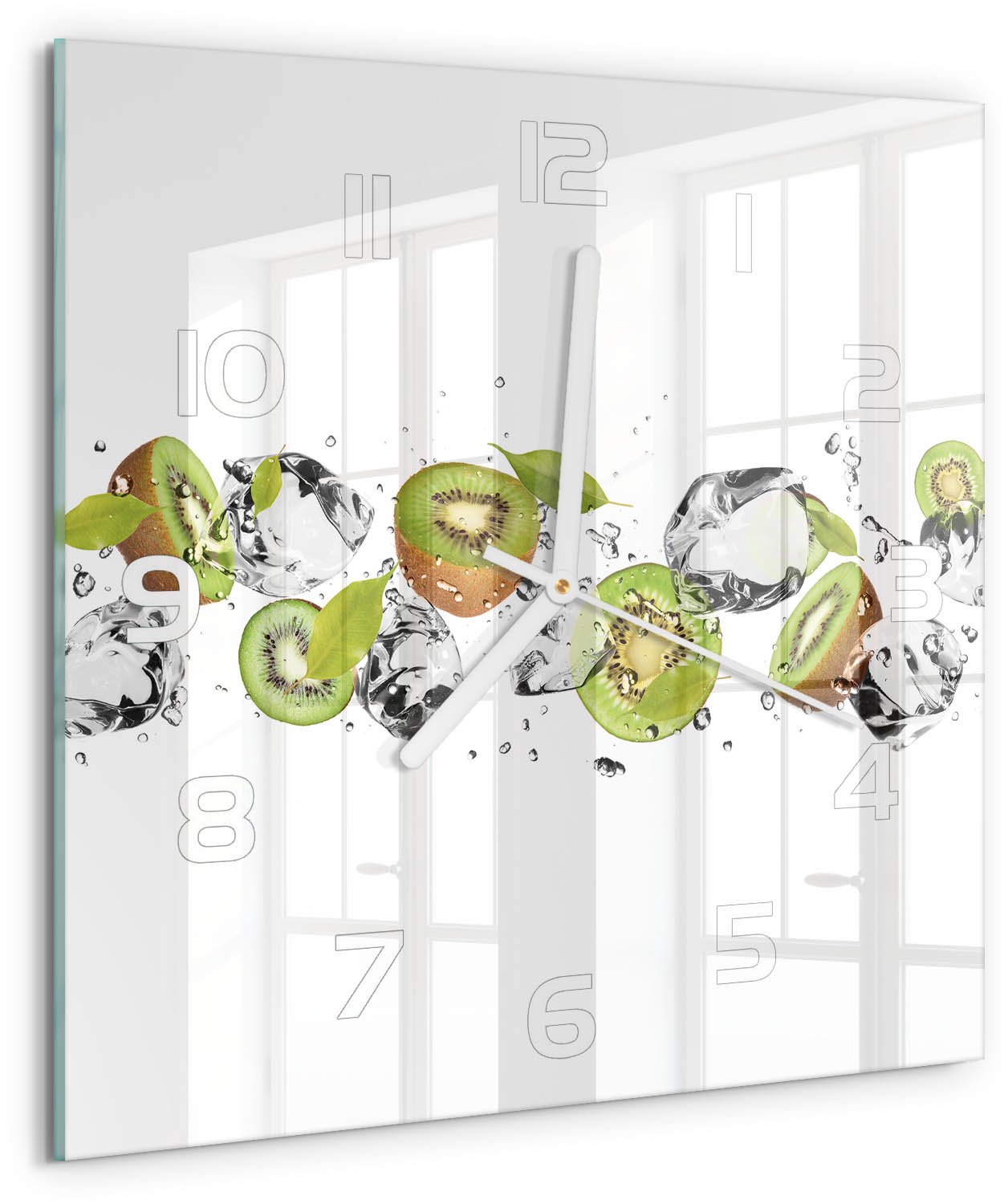 Tulup Wandklok - Kiwi en water Glazen Wandklok Design - 30x30 cm - Groente Klok Glas Met Opdruk - Witte handen - Vierkante Klok - Wandklok Glas Met Motief - Decoratieve Glazen Klok