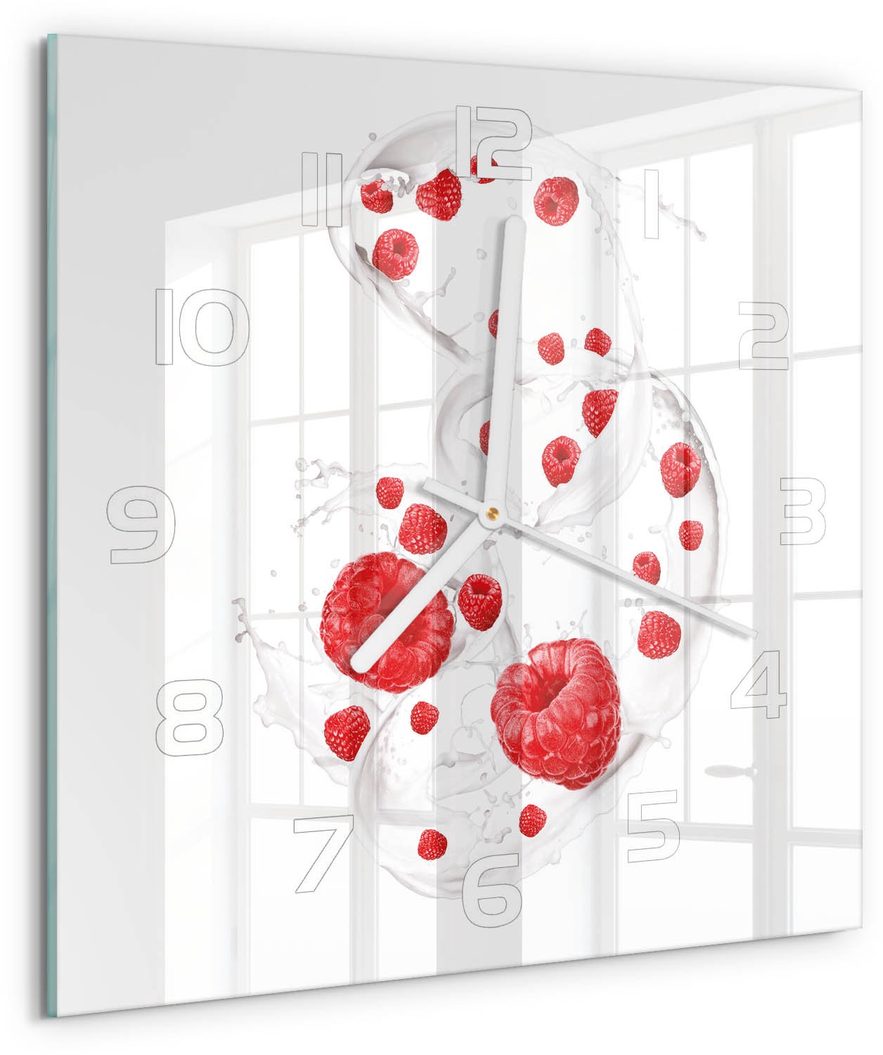 Tulup Wandklok - Frambozen met melk Klok Glas Met Opdruk - 30x30 cm - Rood Moderne Wandklok Glas - Witte handen - Vierkante Klok - Decoratieve Glazen Klok - Glazen Wandklok Design