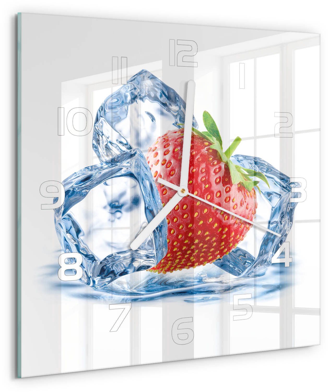 Tulup Wandklok - Aardbei met ijs Glazen Wandklok Design - 30x30 cm - Rood Klok Glas Met Opdruk - Witte handen - Vierkante Klok - Wandklok Glas Met Motief - Decoratieve Glazen Klok